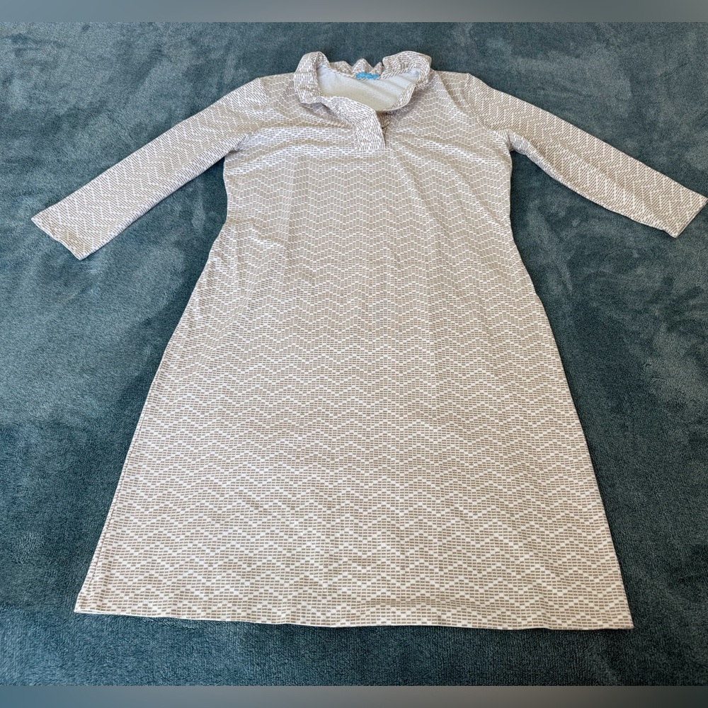 J. McLaughlin Durham Ruffle Neck Dress White Beige Women’s Size L Catalina Cloth
